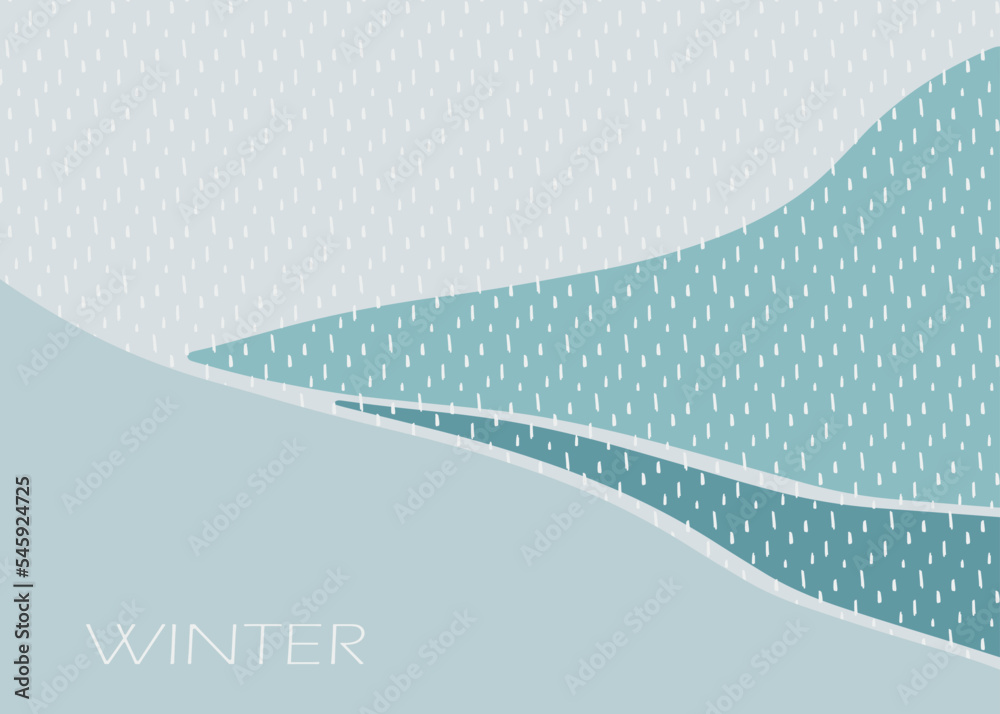 Winter abstract landscape with snowdrifts and snowfall. Winter background in blue pastel colors. Harmonious illustration with falling snow. Modern style. Winter abstract landscape with snowdrifts and snowfall. Winter background in blue pastel colors. Harmonious illustration with falling snow. Modern style.