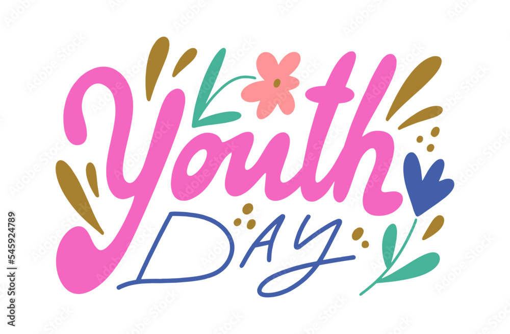 Obraz premium Youth day lettering text. Hippy doodle typography print, summer poster. 70s retro festival inspiration positive inscription. Perfect for teen t shirt and more clothing. Vector clipart illustration