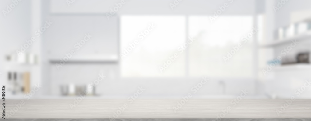 Fototapeta premium 3d rendering of maple wood counter, table top. Include blur kitchen, light from window. Modern interior design in perspective. Empty space with wooden texture pattern at surface for background.