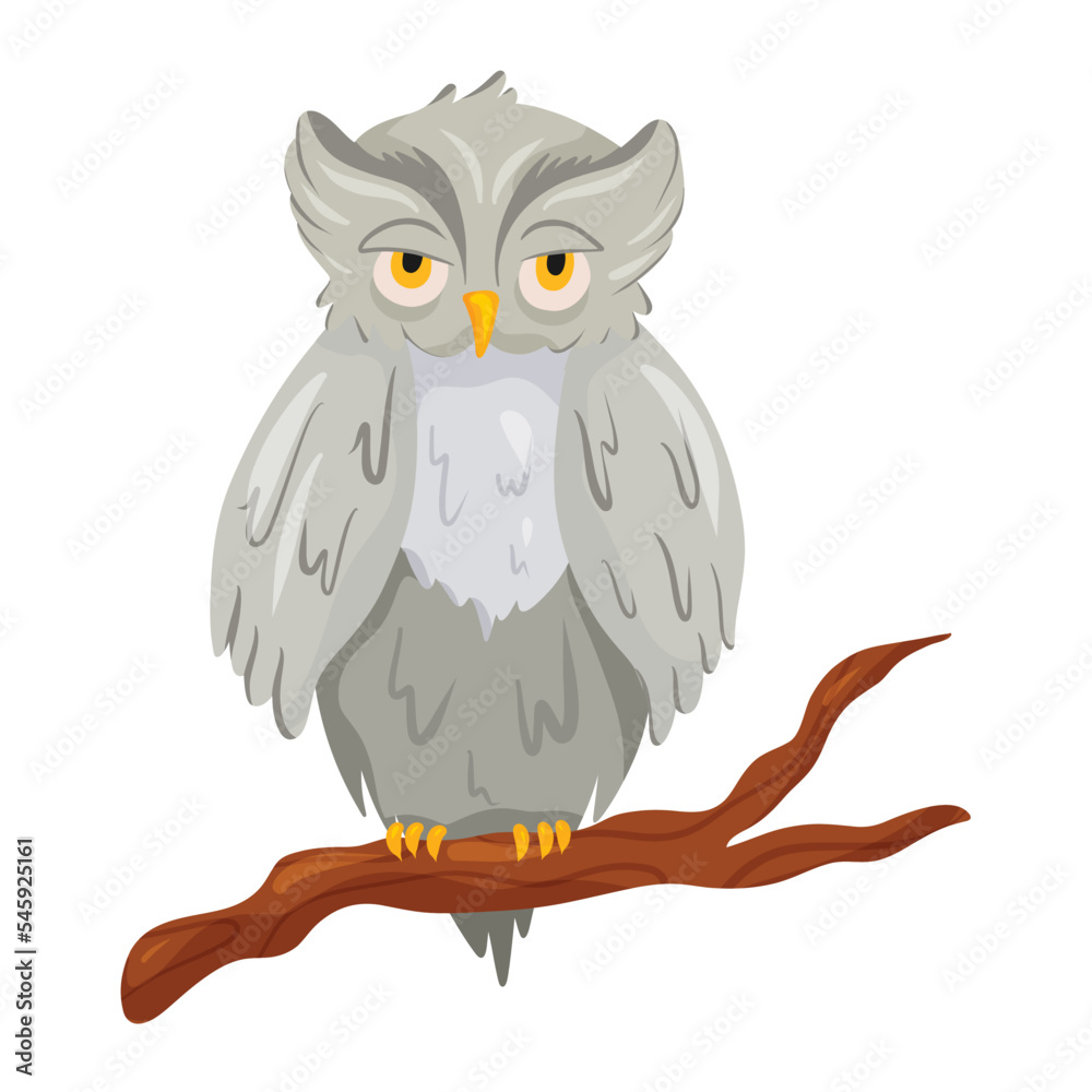 Gray owl on branch of tree