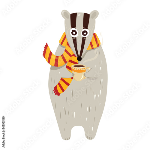 Cute badger in scarf with cup of coffee