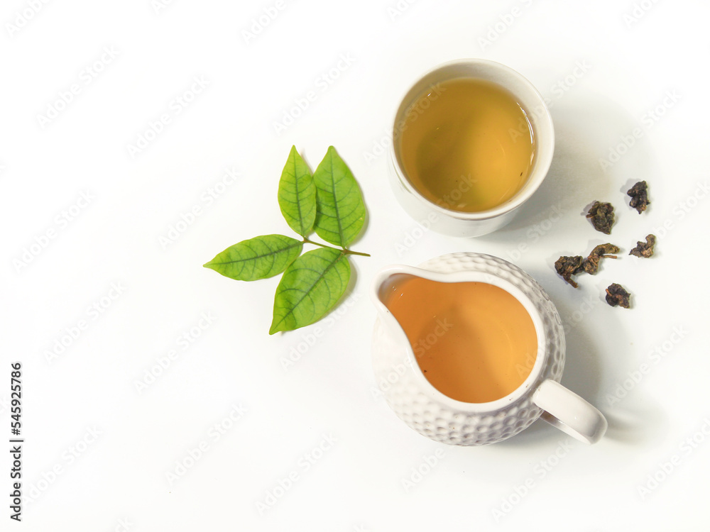 cup of tea on white background. Oolong tea and green tea. cup of tea on white background. Oolong tea and green tea.