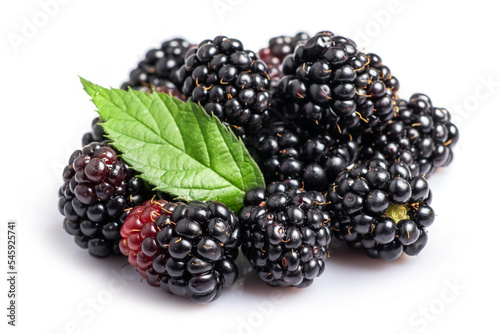 Blackberries with leaves isolated on white background