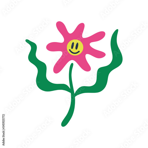 Groovy smiley face blossom hippie flower isolated face, vintage hippie bright color floral motif. Modern trendy contemporary fashion boho design. Stylized colorful element on white background.