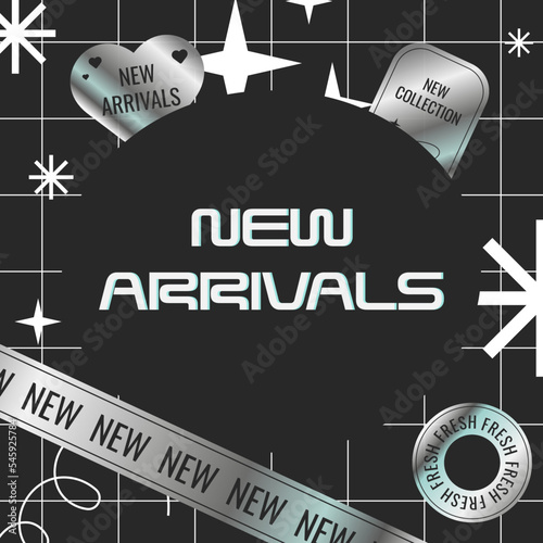 Web sale background taplate with trendy abstract holographic sticker decoration. Modern y2k art banner for online promorion, social media post. Cover for black friday or cyber monday