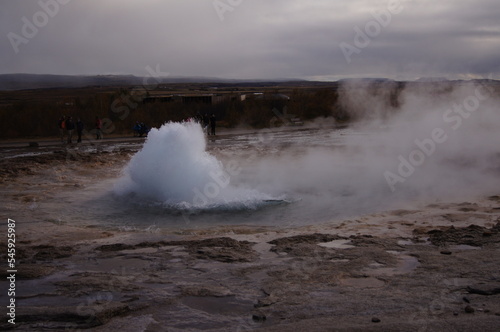 Strokkur Erupting (a fountain-type geyser) located beside the Hvíta River at Haukadalur Geothermal Area, Iceland