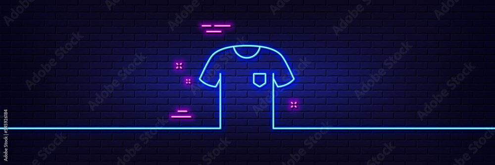 Neon light glow effect. T-shirt line icon. Tee shirt wear sign. Fabric sport clothes symbol. 3d line neon glow icon. Brick wall banner. T-shirt outline. Vector Neon light glow effect. T-shirt line icon. Tee shirt wear sign. Fabric sport clothes symbol. 3d line neon glow icon. Brick wall banner. T-shirt outline. Vector