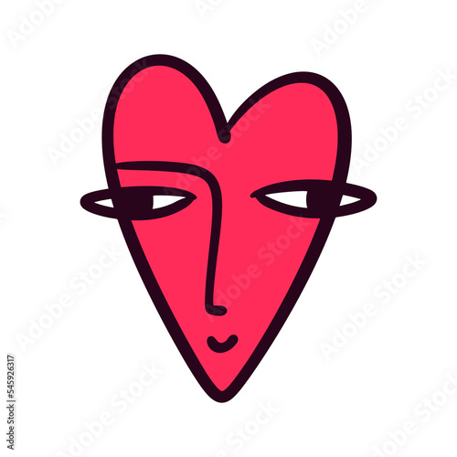 Bizarre Valentines day heart modern abstract face. Groovy emoji shape. Funky hippie mad weird 60s 70s sixties retro cartoon doodle style trendy fashion art. Illustration isolated on white background
