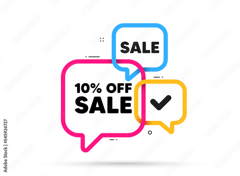 Sale 10 percent off discount. Ribbon bubble chat banner. Discount offer coupon. Promotion price offer sign. Retail badge symbol. Sale adhesive tag. Promo banner. Vector Sale 10 percent off discount. Ribbon bubble chat banner. Discount offer coupon. Promotion price offer sign. Retail badge symbol. Sale adhesive tag. Promo banner. Vector