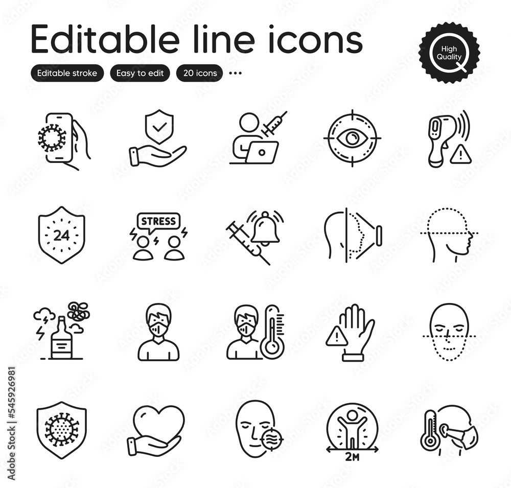 Set of Medical outline icons. Contains icons as Thermometer, Coronavirus and Vaccine announcement elements. Sick man, Covid app, Volunteer web signs. Dont touch, Problem skin. Vector