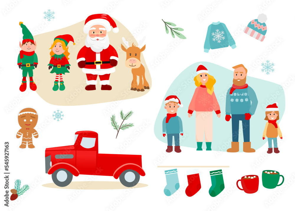 Set of Christmas cute characters and decorations, vector illustration Set of Christmas cute characters and decorations, vector illustration
