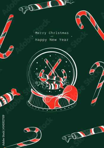 Christmas card with a Christmas ball with snow and sweets