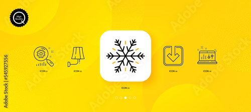 Sound check, Wall lamp and Search statistics minimal line icons. Yellow abstract background. Air conditioning, Load document icons. For web, application, printing. Vector
