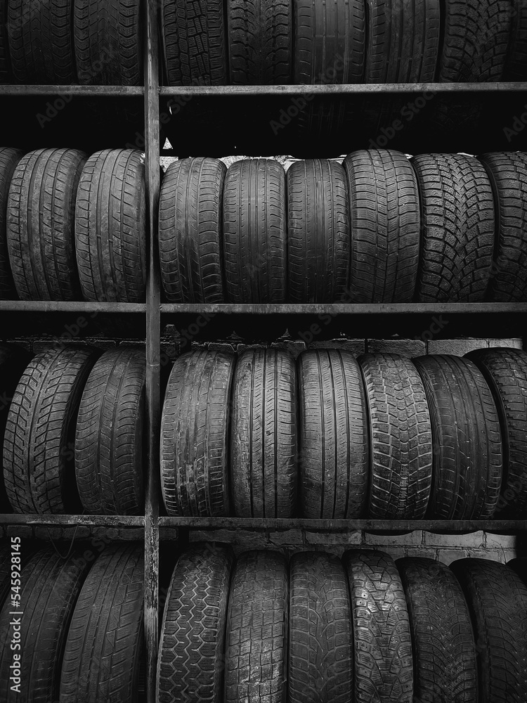 Old car tires. Automotive industry