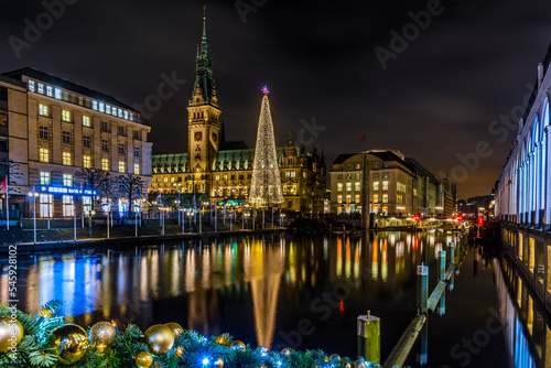 Town hall of Hamburg during christmas time with christmas tree