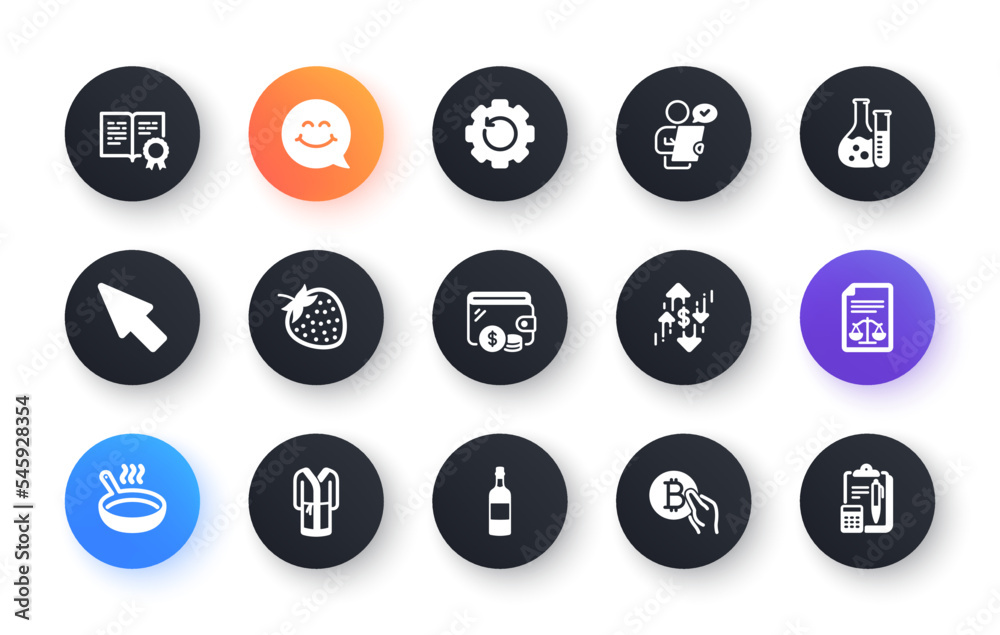 Minimal set of Strawberry, Certificate and Legal documents flat icons for web development. Wallet, Bathrobe, Smile face icons. Brandy bottle, Recovery gear, Chemistry lab web elements. Vector Minimal set of Strawberry, Certificate and Legal documents flat icons for web development. Wallet, Bathrobe, Smile face icons. Brandy bottle, Recovery gear, Chemistry lab web elements. Vector