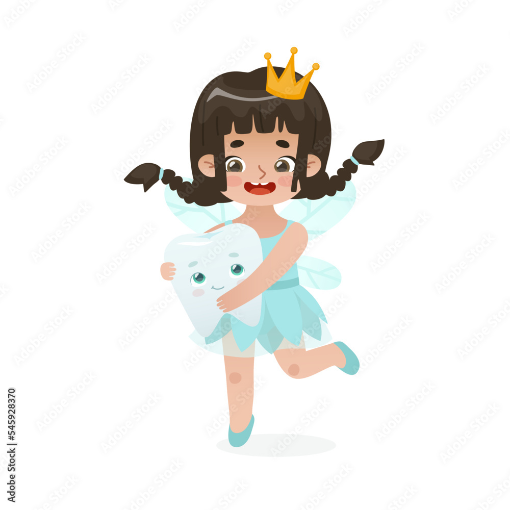 Cartoon tooth fairy baby girl. Cute flying tooth fairy holding tooth with face. Adorable dental mascot for kids. Cartoon tooth fairy baby girl. Cute flying tooth fairy holding tooth with face. Adorable dental mascot for kids.