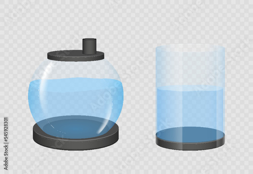 Realistic fishbowl, aquarium with water on transparent background. Glass aquarium, bowl for fish