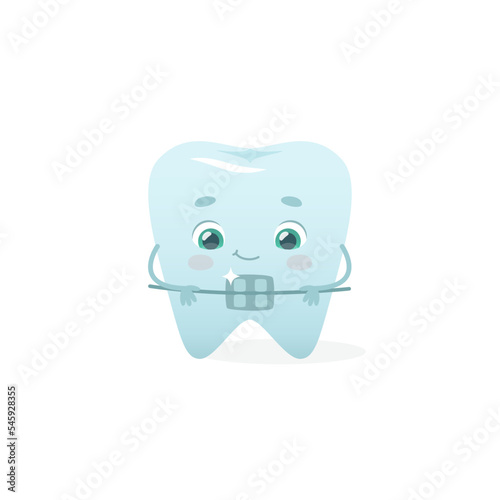 Cute tooth with brace. Cartoon dental mascot for kids orthodontic clinic. Tooth with bracket.