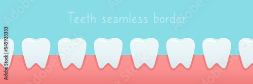 Dental seamless border with white teeth in the gum. Vector bottom background for dental clinic design.