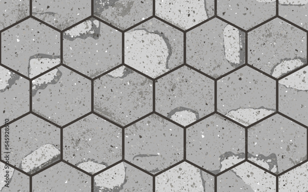 Seamless pattern of pavement with hexagon textured cracked old bricks. Vector pathway texture top view. Outdoor concrete slab sidewalk. Cobblestone footpath or patio. Block floor