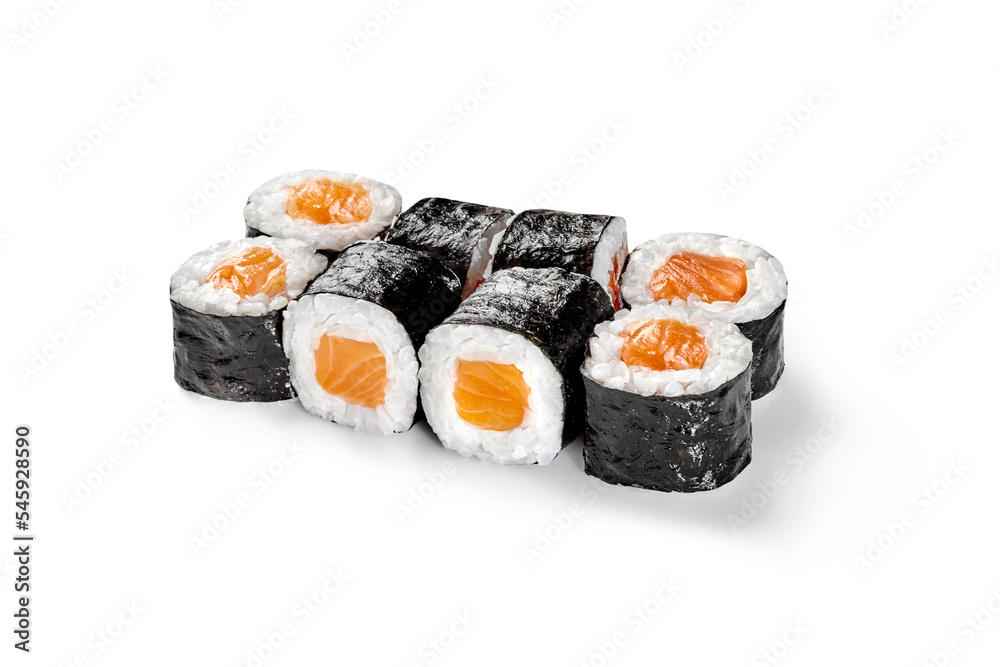 Classic maki sushi rolls with raw salmon wrapped in rice and nori Classic maki sushi rolls with raw salmon wrapped in rice and nori