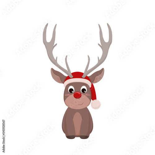 Uroczy renifer na białym tle. Bożonarodzeniowa ilustracja renifera z czerwonym nosem w czapce Świętego Mikołaja.
