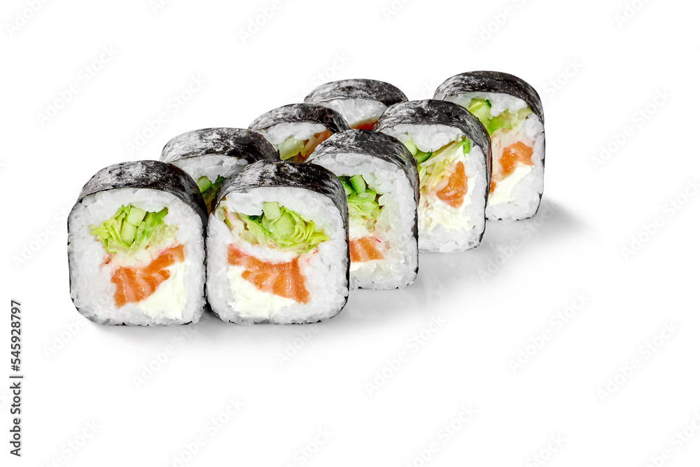 Futomaki sushi rolls with salmon, crab meat, cream cheese, cucumbers and iceberg lettuce Futomaki sushi rolls with salmon, crab meat, cream cheese, cucumbers and iceberg lettuce