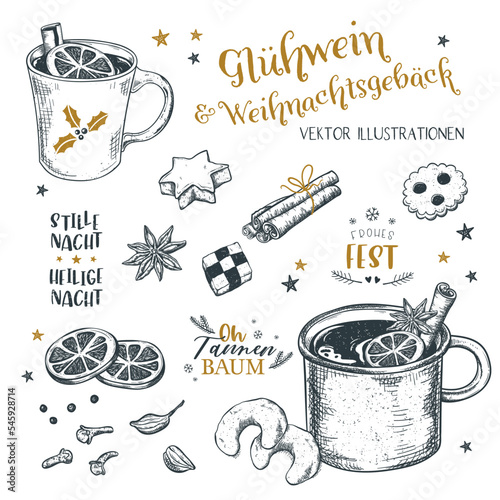 Lovely Mulled Wine illustrations with christmas cookies, ingredients and various German Christmas Sayings, great for Menus, banners, wallpapers - vector design