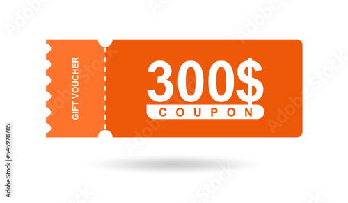 Gift voucher 300$. Coupon 300$ sale for website, internet ads, social media. Discount gift voucher, beautiful design. Big sale and super sale vector illustration