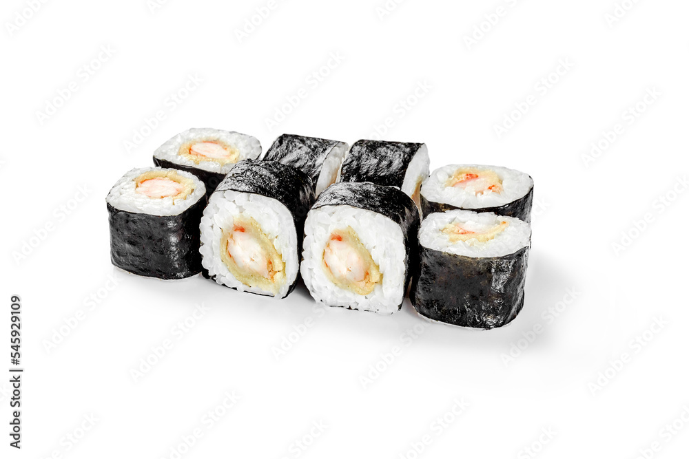 Maki sushi rolls with tempura shrimps wrapped in rice and nori Maki sushi rolls with tempura shrimps wrapped in rice and nori