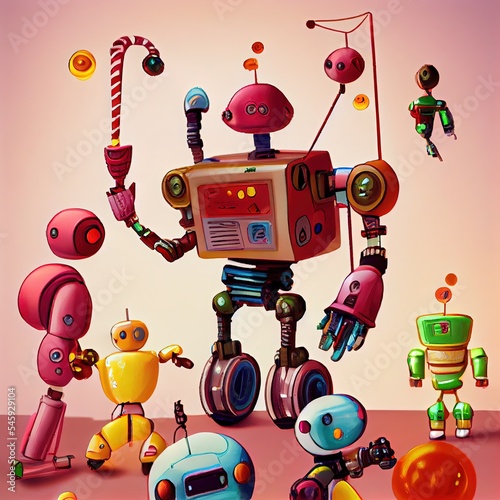 Robot world, machinarium, fantasy world with robots and intricate machinery. photo