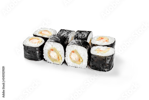 Maki sushi rolls with tempura shrimps wrapped in rice and nori