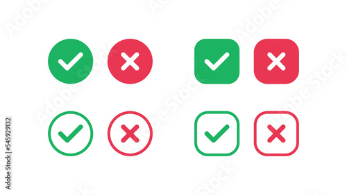 Checkmark icons tick and cross sign green check mark and red x cross on white background. Circle box square shape yes correct and no wrong button vector illustration graphic ui design