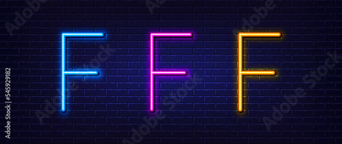 Initial letter F icon. Neon light line effect. Line typography character sign. Large first font letter. Glowing neon light element. Letter F glow 3d line. Brick wall banner. Vector