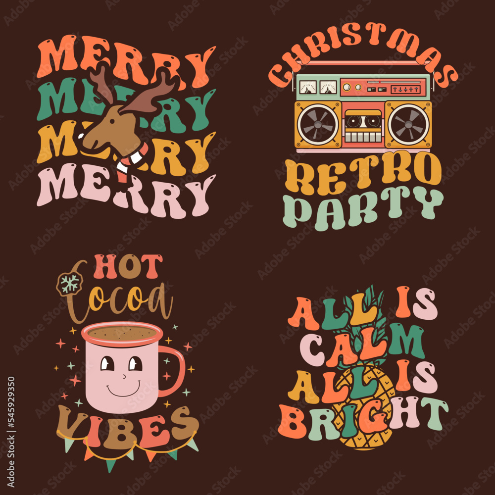 Groovy Christmas prints set with different vintage graphics and quotes-hot cocoa vibes, all is calm all is bright. Retro Christmas graphics. Stock vector clipart on dark background