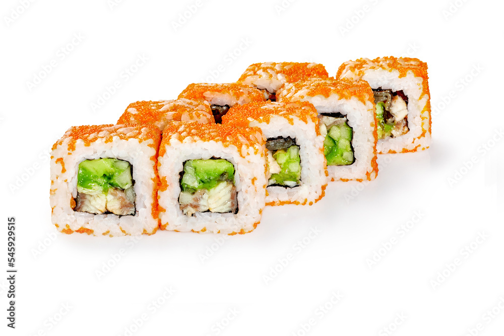 California sushi rolls in masago roe with eel, cucumbers and avocado California sushi rolls in masago roe with eel, cucumbers and avocado