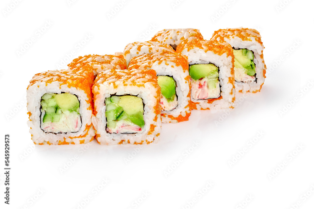 California rolls in tobiko caviar with surimi crab, cucumber and avocado California rolls in tobiko caviar with surimi crab, cucumber and avocado