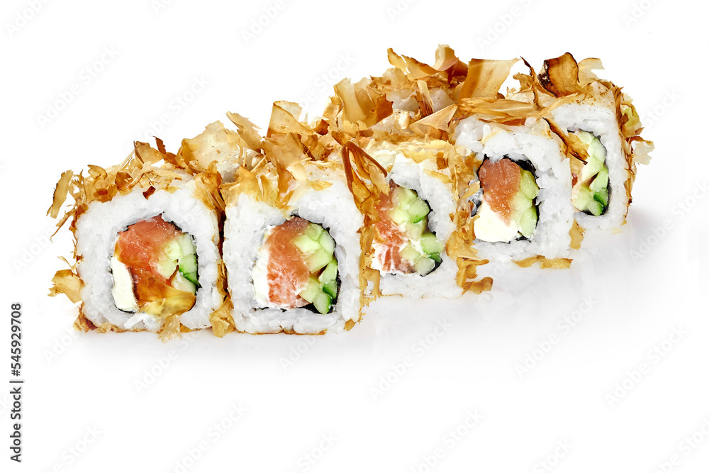 Sushi rolls in katsuobushi shavings with smoked salmon, cucumbers and cream cheese Sushi rolls in katsuobushi shavings with smoked salmon, cucumbers and cream cheese