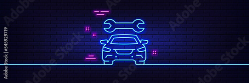 Neon light glow effect. Car service line icon. Auto repair sign. Garage service symbol. 3d line neon glow icon. Brick wall banner. Car outline. Vector