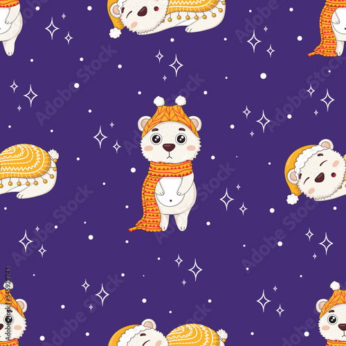 Seamless pattern with cute cartoon polar bears in winter sweaters sleeping under a blanket in a sleep cap