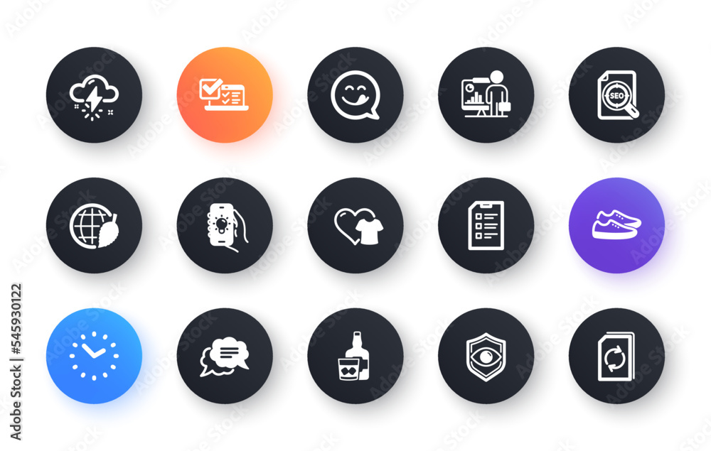 Minimal set of Electric app, Yummy smile and Text message flat icons for web development. Shoes, Seo file, Clothing icons. Teacher, Checklist, Environment day web elements. Vector Minimal set of Electric app, Yummy smile and Text message flat icons for web development. Shoes, Seo file, Clothing icons. Teacher, Checklist, Environment day web elements. Vector