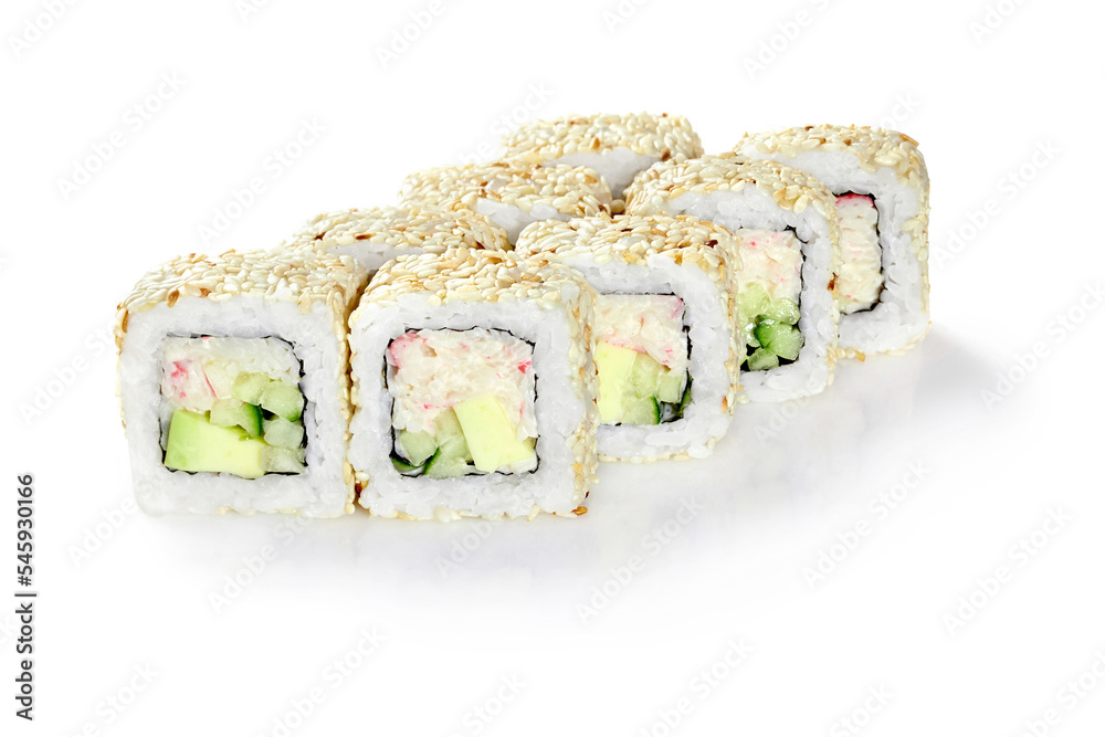California sushi rolls with surimi crab, avocado and cucumber sprinkled with sesame California sushi rolls with surimi crab, avocado and cucumber sprinkled with sesame