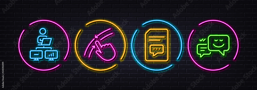 Work home, Comments and Swipe up minimal line icons. Neon laser 3d lights. Happy emotion icons. For web, application, printing. Freelance work, Document with speech bubble, Touch down. Vector