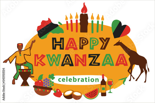 Happy Kwanzaa holiday background. African American culture festival. Colorful bright background for greeting card, invitation, wrapping paper  with text Happy Kwanzaa and candles.