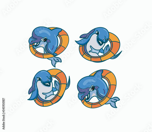 Set of cute dolphins having fun playing around