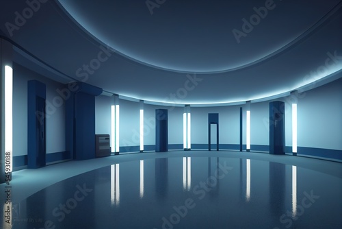 pedestal in a sci-fi dark blue abstract room illuminated by a horizontal neon lamp. Vector rendering product display presentation.