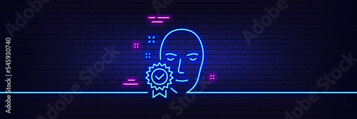 Neon light glow effect. Face verified line icon. Access granted sign. Facial identification success symbol. 3d line neon glow icon. Brick wall banner. Face verified outline. Vector