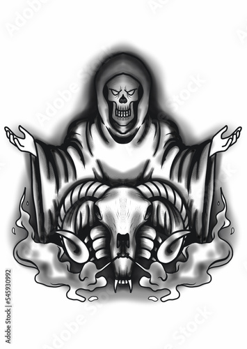 illustration of the angel of death praying and the skeleton of an offering animal
