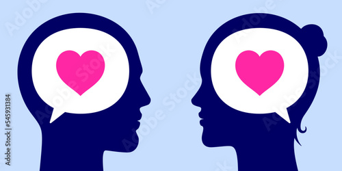 Romantic couple communicating with thoughts, concept vector illustration. Young man and woman with text bubbles and heart icons, looking and feeling in love with each other.